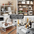 Expandable Cabinet Shelf Organizers, Stackable Metal Shelves Extender for Kitchen Countertop Storage, Adjustable Spices Shelves Rack Stand for Cupboard Pantry, White