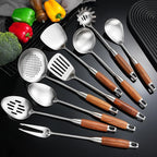 18/10 Stainless Steel Kitchen Utensils Set with Wooden Handle for Cooking 9 PCS with Solid and Slotted Spoon, Fork, Spatula, Ladle, Skimmer, Slotted Tunner, Spaghetti and Large Spoon
