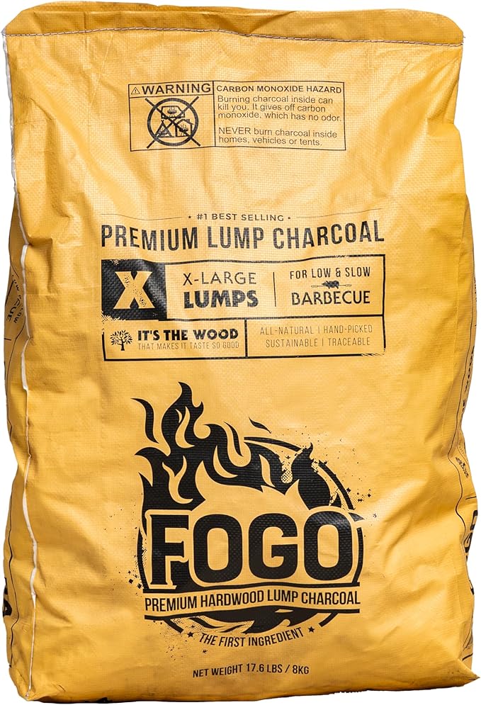 FOGO Super Premium Hardwood Lump Charcoal, Natural, Large Sized Lump Charcoal for Grilling and Smoking, Restaurant Quality, 17.6 Pound Bag, 2-Pack