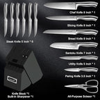 Kuisine Sharp Knife Set,One-piece Molding,Sharper Blade Ergonomic Non-slip Steel Handle,Block Knife Set Chef Knife Set with Built-in Sharpener(Black,15PCS)