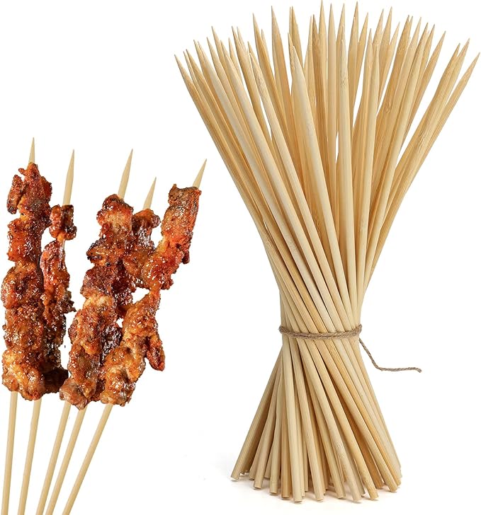HANSGO 8Inch Natural Bamboo Skewers, with 5PCS Food Prep Gloves, 100PCS Wooden Skewers for Appetizers, Fruit, Kabobs, Grilling Kebabs, Corns, Cocktail Picks for Drinks, Sturdy & Durable