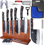 XYJ Authentic Since 1986, Knife Block Set, Full Tang Knives Set with Holder, Cutting Board, Sharpener Rod, Scissors, Cut Resistant Gloves, High Carbon Steel Blades, Cleaver, Slicing Kitchen Knives