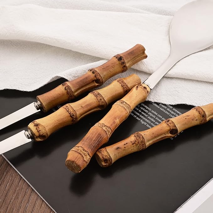 Serving Spoon and Fork Set, 304 Stainless Steel Serving Utensils with Natural Bamboo Handle, 10" Long Handle Serving Set for Kitchen Party Buffet, 4 Pieces / 2 of Each