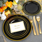 bUCLA 150 Pieces Black and Gold Disposable Dinnerware Set - 25 Guests Black Gold Plastic Plates Include 25 Dinner & 25 Dessert Plates, 25 Spoons, 25 Forks, 25 Knives, 25 Cups for Party & New Year