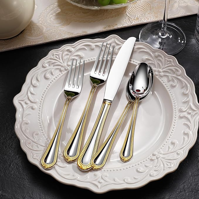 KEAWELL Pearl Edge Premium 65-Piece Refined Bead Silverware Set, 18/10 Stainless Steel, Service for 12, Fine Flatware Set with Serving Utensils, Dishwasher Safe (65, Gold Accent)