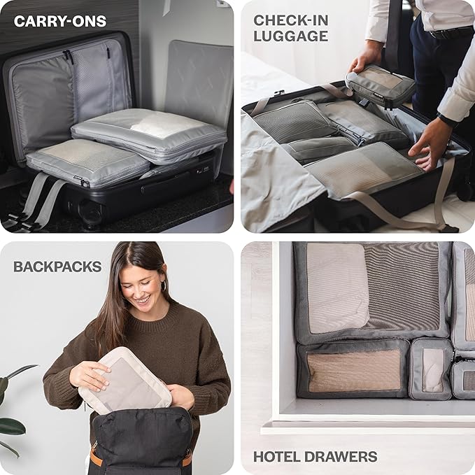 Aerotrunk Compression Packing Cubes for Travel - Luggage Organizer Bags - Double Zipper Packing Cubes for Suitcases (2-Pack, Beige)
