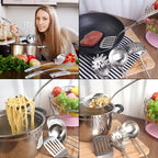 Newness 4 Pcs Cooking Utensils Set, 304 Stainless Steel Kitchen Utensils Set, Metal Kitchen Accessories, Include Soup Ladle, Slotted Skimmer Spoon, Spaghetti Spoon and Spatula, Dishwasher Safe
