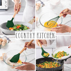 Country Kitchen Non Stick Silicone Utensil Set with Rounded Wood Handles for Cooking and Baking, 14 Piece Set, Green