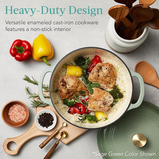 Best Choice Products 6 Quart Enamel Cast-Iron Round Dutch Oven, Family Style Heavy-Duty Pre-Seasoned Cookware for Home, Kitchen, Dining Room, Oven Safe w/Lid, Dual Handles - Mushroom Beige