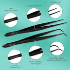 O'Creme Black Stainless Steel Precision Kitchen Culinary Fine-Tip Tweezer Tongs, 1 Curved and 1 Straight