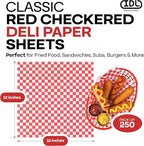 Red Checkered Deli Paper Sheets, 12" x 12" (250 pcs) - USA-Made Premium Food Basket Liners - PFAS-free Grease Resistant Deli Paper Sheets for Food, Snack & Baking Wrap, Picnic & Party by IDL Packaging