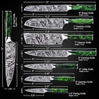 SENKEN 8-piece Engraved Japanese Kitchen Knife Set & Beautiful Green Resin Epoxy Handles - Wasabi Collection - Chef's Knife, Bread Knife, Cleaver Knife, Paring Knife, & More