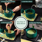 7PCS Ceramic Matcha Whisk Set - Traditional Japanese Tea Set Includes Matcha Bowl with Spout, Holder, Bamboo Whisk, Bamboo Scoop with Rest, Sifter with Tea Towel - Perfect Kit for Matcha Lovers