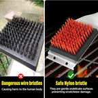 Nylon Grill Brush,Dual Grip Design,with Extended Luxurious Acaciawood Handle,Safe Nylon Bristles Barbecue Triple Scrubbers Cleaning Brush for Cast Iron Grates/Porcelain/Charcoal Grill