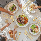 PULOTE 300PCS Gold Plastic Silverware Set Disposable - Heavy Duty Gold Utensils Set - Plastic Cutlery Disposable - Include 100 Knives, 100 Forks, 100 Spoons for Party & Wedding