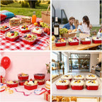 FORBFAN 10 oz Mini Disposable Cake Pans with Lids, 150 Pack Aluminum Foil Square Baking Cups with Spoons, Disposable Baking Cake Tins Red