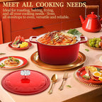 Dutch Oven Pot with Lid - Cast Iron Dutch Oven for Bread Baking Sourdough, Casserole and Braiser with Crab Lid, Square Knob, Nonslid Handles - Red