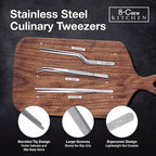8-CREW KITCHEN Culinary Stainless Steel Tweezers, 6-inch Set of 3 Chef Precision Tongs for Plating, Decorating, Food Design, Bar and Multi-Purpose