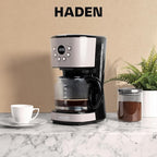 Haden 12-Cup Programmable Coffee Maker for Home or Office, Putty & Chrome – Drip Brewer Machine with Brew Strength, Delay Brewing, Auto Shut-Off and Reusable Washable Water Filter