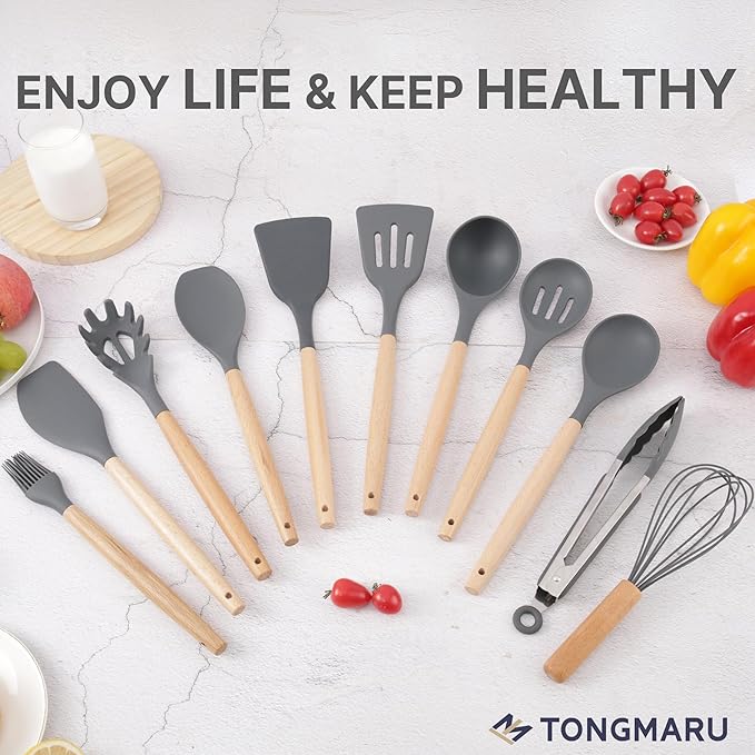 Silicone Cooking Utensils Set, Premium Beech Wood Handle Kitchen Gadgets Utensil Set, Non-Stick Kitchen Utensils Spatula, Tongs, Turner, Whisk, Brush, Spoon, BPA FREE, 446°F Resistant (Dark Gray)