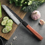 HEZHEN 5.5 Inches Santoku Knife, Three-layer Clad Steel, Professional small Japanese Chef Knife, Ultra Sharp Blade, Red Wood Octagonal Handle