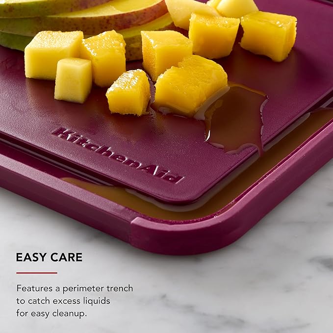 KitchenAid Classic Plastic Cutting Board with Perimeter Trench and Non Slip Edges, Dishwasher Safe, 8 x 10 inch, Beetroot
