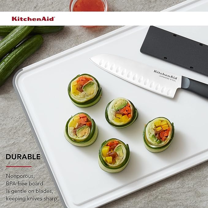 KitchenAid Classic Plastic Cutting Board with Perimeter Trench and Non Slip Edges, Dishwasher Safe, 12 inch x 18 inch, White and Gray