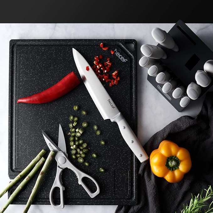 hecef Kitchen Knife Block Set, 14 Pieces Knife Set with Wooden Block & Sharpener Steel & All-purpose Scissors, High Carbon Stainless Steel Cutlery Set (Grey)