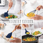 Country Kitchen Non Stick Silicone Utensil Set with Rounded Wood Handles for Cooking and Baking, 14 Piece Set, Navy