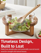 Large Glass Salad Bowl Set with Acacia Wood Serving Spoon & Fork – 11 Inch Salad Mixing & Serving Bowl for Pasta, Fruits, Veggies, Kitchen Tableware & Dinner Table Centerpiece