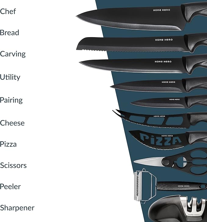 Home Hero Kitchen Knife Set - High Carbon Stainless Steel Blades & Built-In Sharpener - Ergonomic Handles & Cutlery Block Storage - Precision Cooking Prep with Chef Knife - 20 Pc, Black
