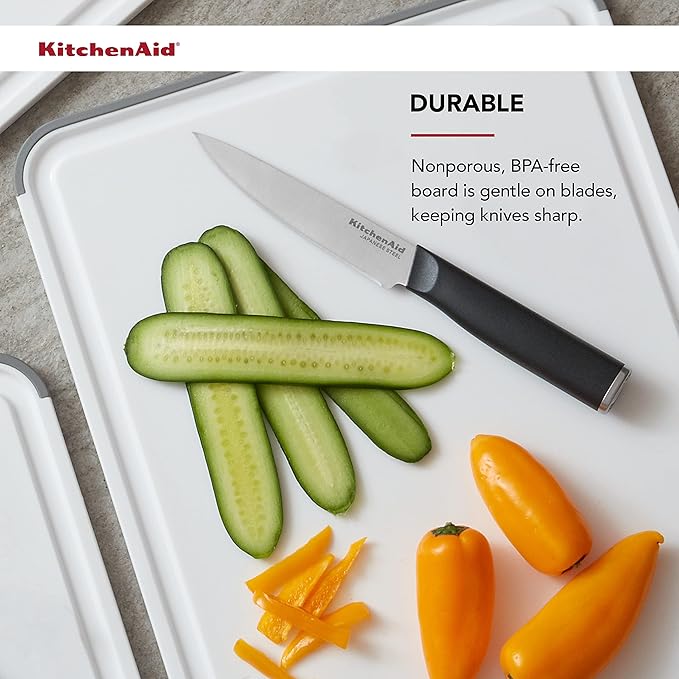 KitchenAid Classic Cutting Board with Perimeter Trench and Non Slip Edges, Dishwasher Safe, 11 inch x 14 inch, White and Gray