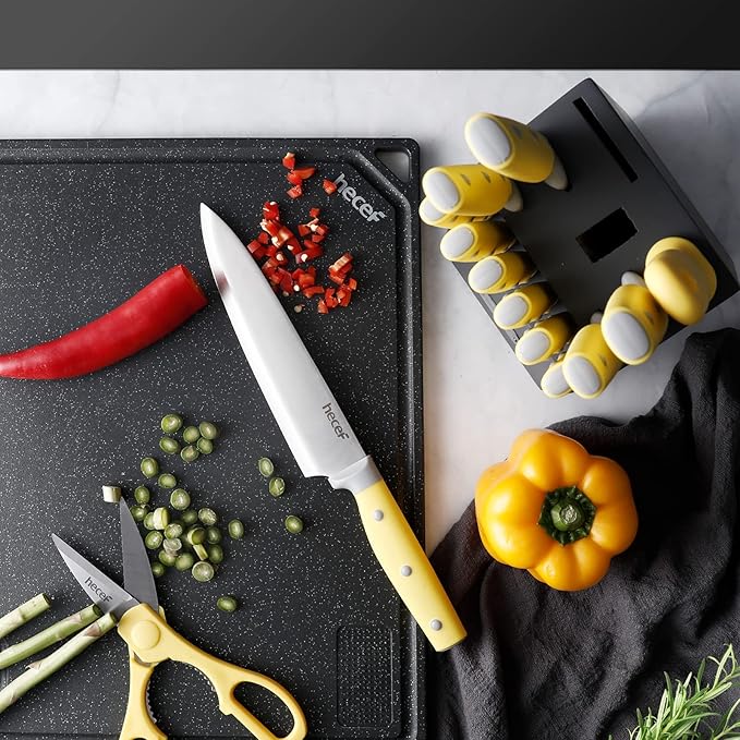 hecef Kitchen Knife Block Set, 14 Pieces Knife Set with Wooden Block & Sharpener Steel & All-purpose Scissors, High Carbon Stainless Steel Cutlery Set (Yellow)