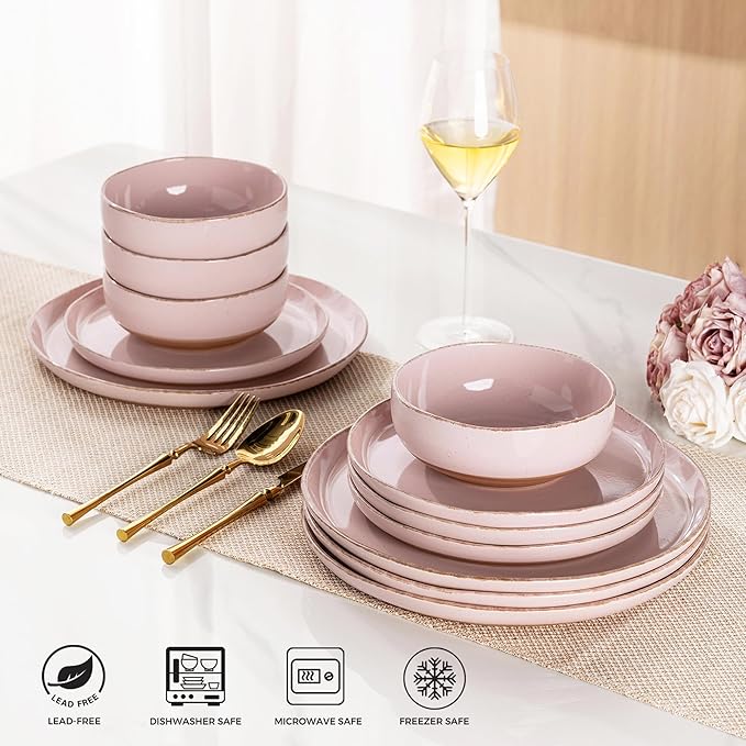 AmorArc Ceramic Dinnerware Sets for 4, 12 Pieces Handpainted Plates and Bowls Set with Rustic Terracotta Underside, Scratch Resistant Stoneware Dishes Set, Dishwasher & Microwave Safe