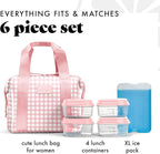 Fit & Fresh Remi Neoprene Lunch Bag For Women - Meal Prep Kit with Containers & XL Ice Pack, Self Insulating Neoprene-like Material, Machine Washable Lunch Bag, Tear & Stain-Resistant, Pink Gingham