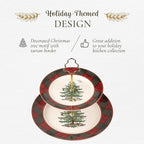 Spode Christmas Tree Tartan 2-Tiered Server, Holiday Cupcake Stand, Dessert Display Set, Earthenware Serving Platter, 10" & 8" Plates, Dishwasher Safe Serveware for Appetizers, Desserts, Cookies