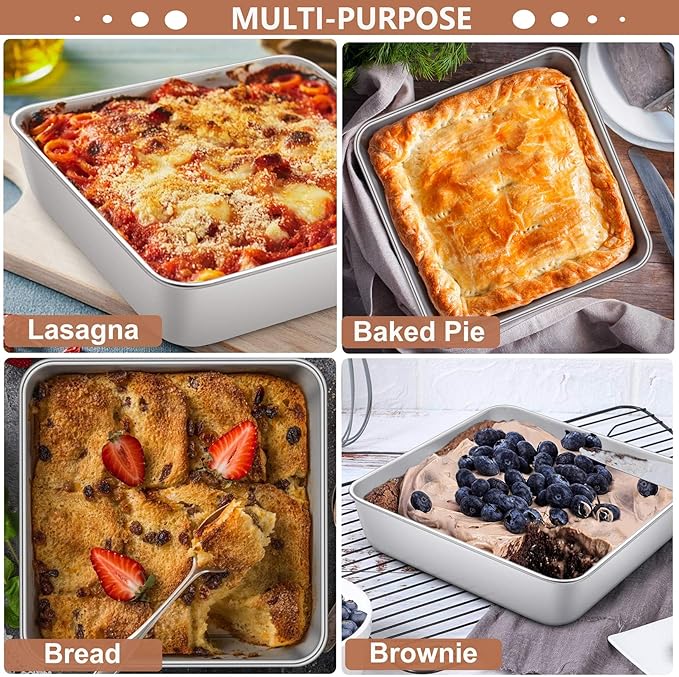 LIANYU 3 Pack 8 x 8 Inch Square Baking Cake Pan, Stainless Steel Brownie Bread Cake Molds, Square Bakeware for Lasagna Pie, Oven & Dishwasher Safe