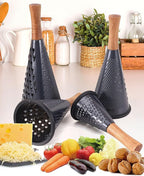 Cone Cheese Grater with Handle Stainless Steel Grater Triple Function Wood Handle Shredder Non-Slip Rubber Bottom Hand Held Multifunction Vegetables Grater Black 4-Size (Size M: 9.4" X 4.3" Black)