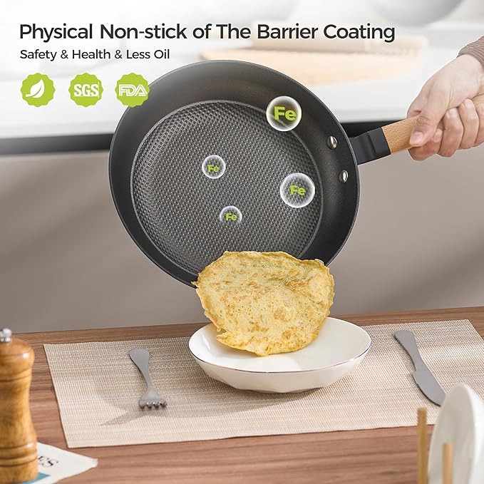 YUTANN 12" Pre-seasoned Cast Iron Skillet,Enameled Non-stick Frying Pan with Detachable Wooden Handle,Lightweight,Non-toxic,Dishwasher Oven Safe (500°F)