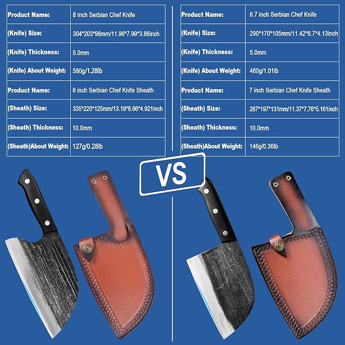 Full Tang, Serbian Chefs knife,Chef Meat Cleaver,Kitchen Knives,Set with Leather Sheath,Take Carrying,Butcher,for Camping or Outdoor (8 inch)