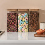 64oz Rectangle Airtight Glass Storage Containers with Bamboo Lids (Set of 4), Square Food Storage Jar, Pantry Organizers for Cereal, Flour, Pasta and Coffee beans (‎with Black Lable)