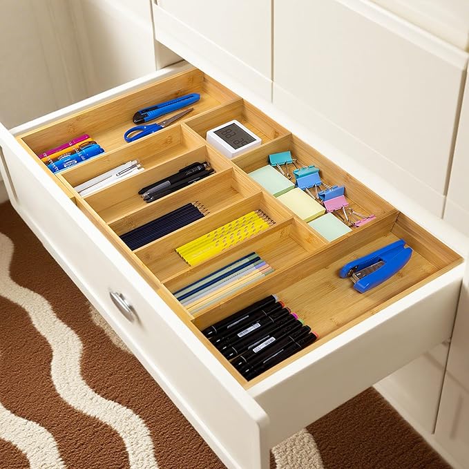 Utoplike Extra Large Kitchen Drawer Organizer, Expandable Bamboo Drawer Holder for Utensils, Silverware, Flatware, 7-9 Slots Cutlery Tray