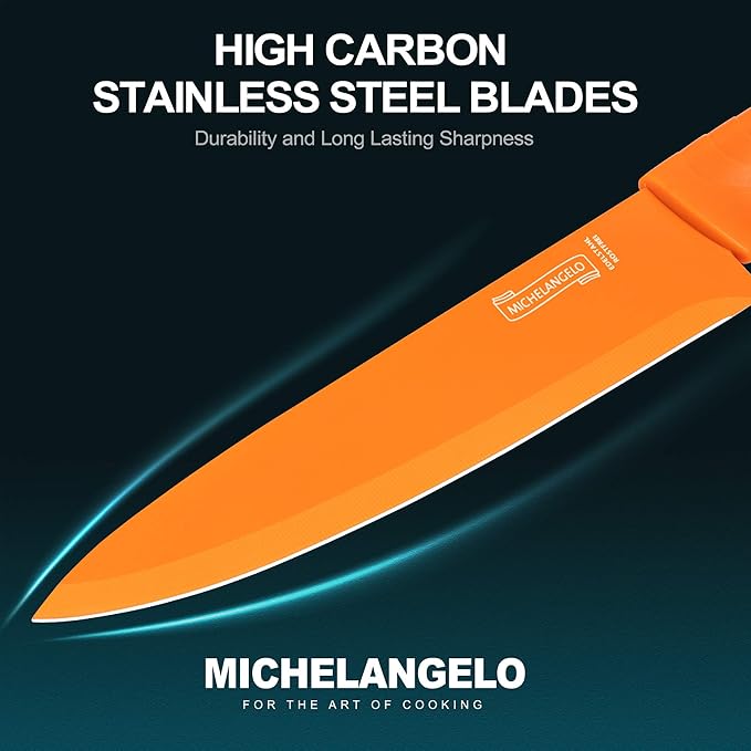 MICHELANGELO Knife Set, Sharp 10-Piece Kitchen Knife Set with Covers, Multicolor Knives, Stainless Steel Knives Set for Kitchen, 5 Rainbow Knives & 5 Sheath Covers