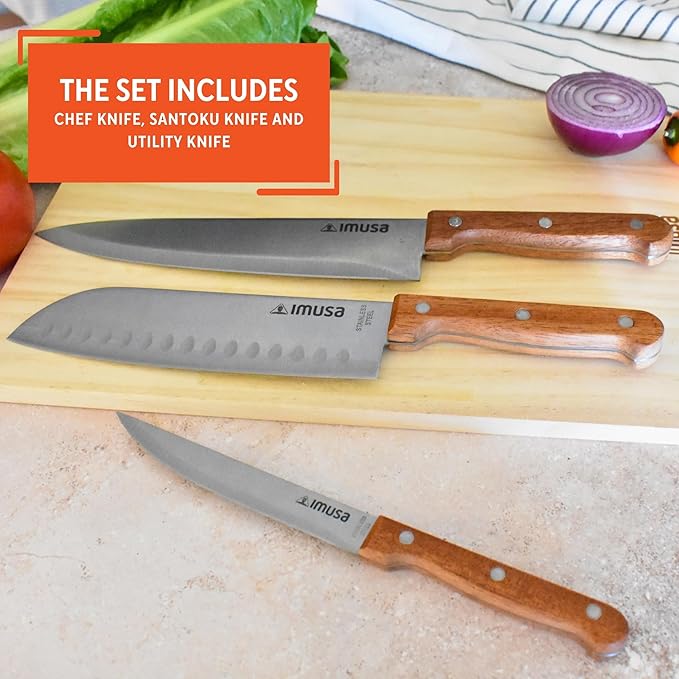 IMUSA 3pc Knife Set with Wood Handle, 8” Chef Knife, 7” Santoku Knife & 5” Utility Knife, Sharp Kitchen Knives for Cooking, Stainless Steel Blade