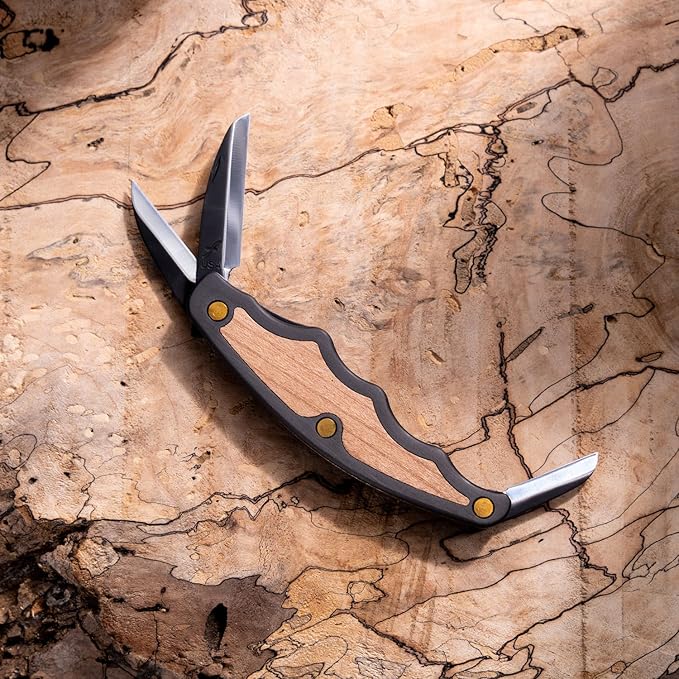 FLEXCUT Tri-Jack Pro (JKN95) Wood Carving Knife, 3 High-Carbon Steel Blades (Roughing, Detail, Mini), Aluminum Handle with Cherry Inlay, 4.25″ Closed, 6 oz, Made in USA