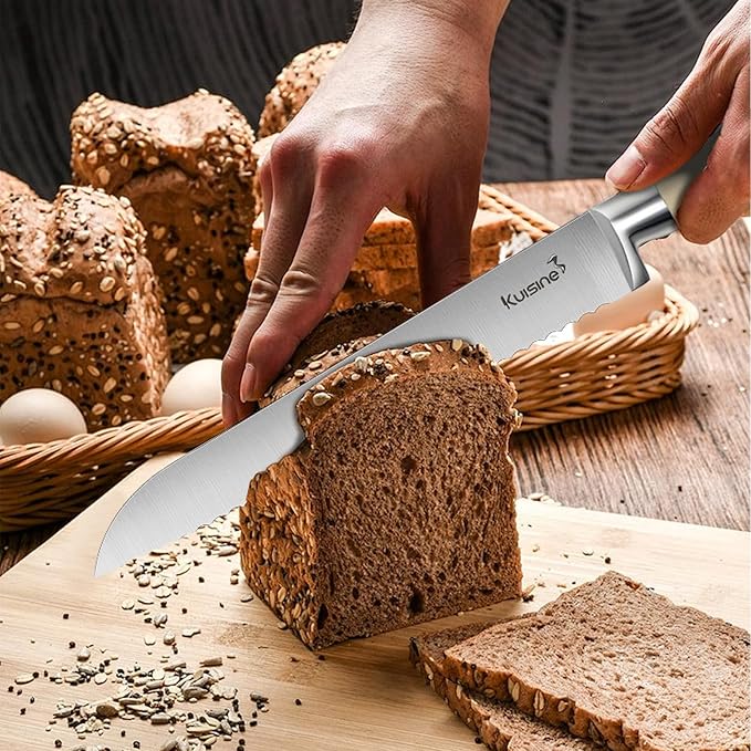 Kuisine Premium Sharp Knife Set,High Carbon Stainless Steel Ergonomic Handle,Knife Block Set with Built-in Sharpener(15PCS,Ivory)