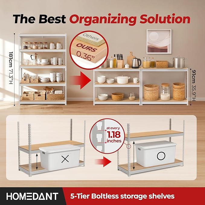 HOMEDANT White 5 Tier Laminated Boltless Heavy Duty Garage Storage Adjustable Wide Size Metal Shelving Unit Utility Rack Shelves Organization Shelf Shed Warehouse 47.7" W x 18.2" D x 71.3" H 4Pack