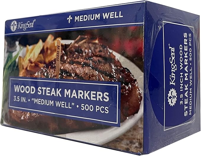 KingSeal 500 Count 3.5 Inch Natural Birch Wood Steak Markers, Heat Stamped, MED Well, Eco-Friendly, Bulk Pack - 500 Count Per Box