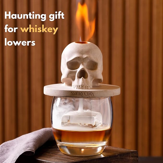Whiskey Smoker Kit with Torch - Old Fashioned Smoker Kit comes with Skull-Shaped Smoke Infuser, Culinary Torch and Wood Chips (Apple, Cherry, Hickory) - Gifts for Men (Without Butane)