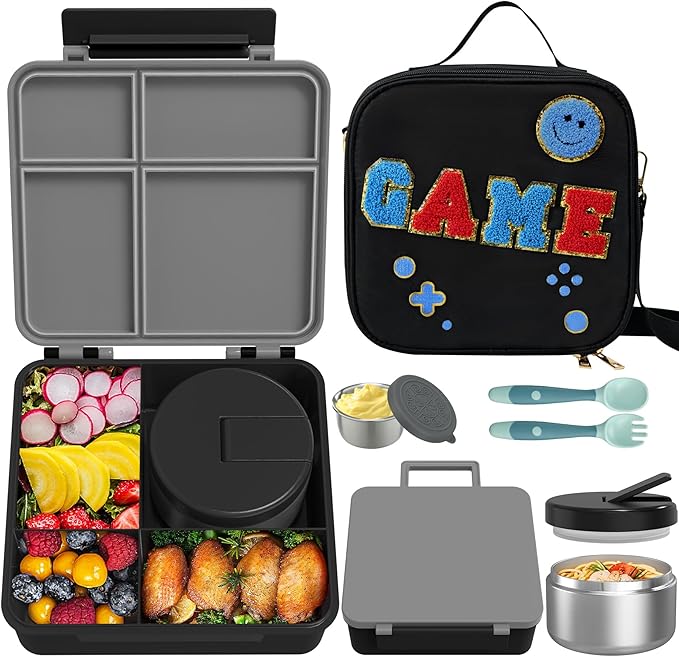 Kids Bento Lunch Box with 8oz Soup Thermo, Kids Leakproof Lunch Food Containers with 4 Compartment,Insulated Hot Food Jar with Lunch Bag for School, Travel (Black)